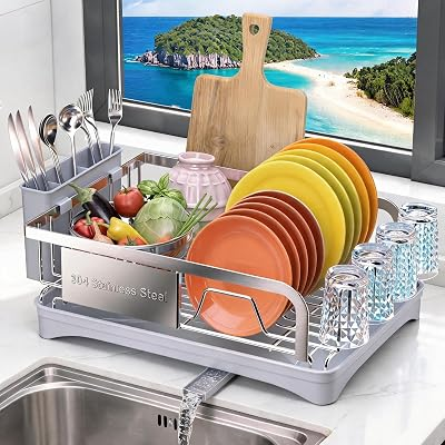 Dish Drying Rack -304 Stainless Steel Dish Rack for Kitchen Counter | Dish Drainer with Cutlery Knife Fork & Cup Rack, Auto-Drain to Sink, Gift for Wife Mothers Her, Home & Family Gadgets, Silver