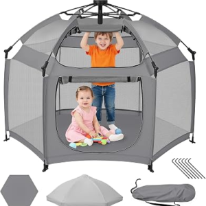 Dripex Pop Up Playpen w/t Built-in Pad & One-Click Safe Lock, Foldable Indoor/Outdoor Baby Playpen w/t Removable Canopy &Roll-Up Door & Top Mesh Window, Travel Pop and Go Beach Play Pen for Baby Grey