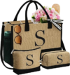 Personalized Initial Jute Beach Tote Bag 2 Makeup Bags