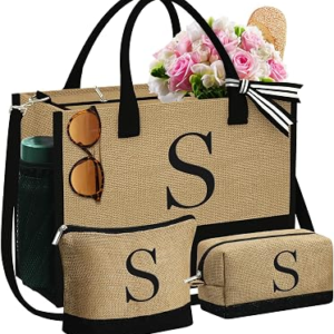 Personalized Initial Jute Beach Tote Bag 2 Makeup Bags