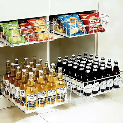 Pull Out Cabinet Organizer, 1 Pack Stainless Steel Pull Out Drawers for Cabinets with Silent Full-Extension Slides, Heavy Duty Kitchen Cabinet Organizer for Home Kitchen Pantry