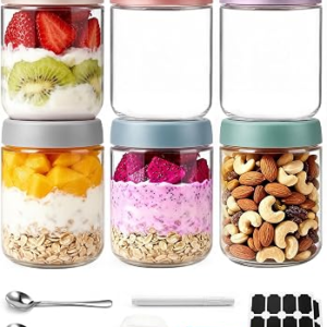 Overnight Oats Containers with Lids and Spoon for Food Storage 6 pack 16 oz | Wide Mouth Mason Salad Jars, Leakproof and Reusable Glass Food Storage Container for Yogurt Snacks Spice