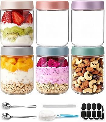 Overnight Oats Containers with Lids and Spoon for Food Storage 6 pack 16 oz | Wide Mouth Mason Salad Jars, Leakproof and Reusable Glass Food Storage Container for Yogurt Snacks Spice