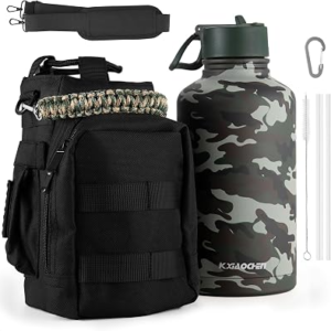 KXIAOCHEN Insulated Water Bottle with Strap, 48-Hour Cold, 2 Lids | Triple-wall insulation, lead-free 18/8 Stainless steel, paracord handle, carabiner clip, for gym, hiking, camping and travel