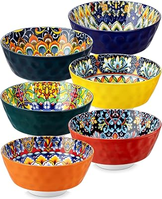 vancasso 26 Oz Ceramic Cereal Bowls Set of 6, Bohemian Soup Salad Bowls | Microwave and Dishwasher Safe, Handcrafted Bohemian Design with Vibrant Glaze, Versatile for Soup, Salad, Pasta, Cereal
