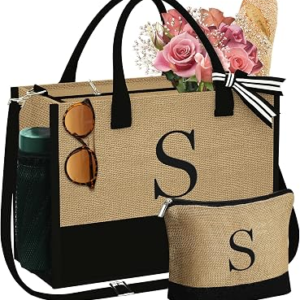 YOOLIFE Personalized Gifts for Women, Initial Jute Tote Bag & Makeup Bag