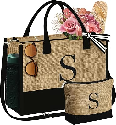 YOOLIFE Personalized Gifts for Women, Initial Jute Tote Bag & Makeup Bag