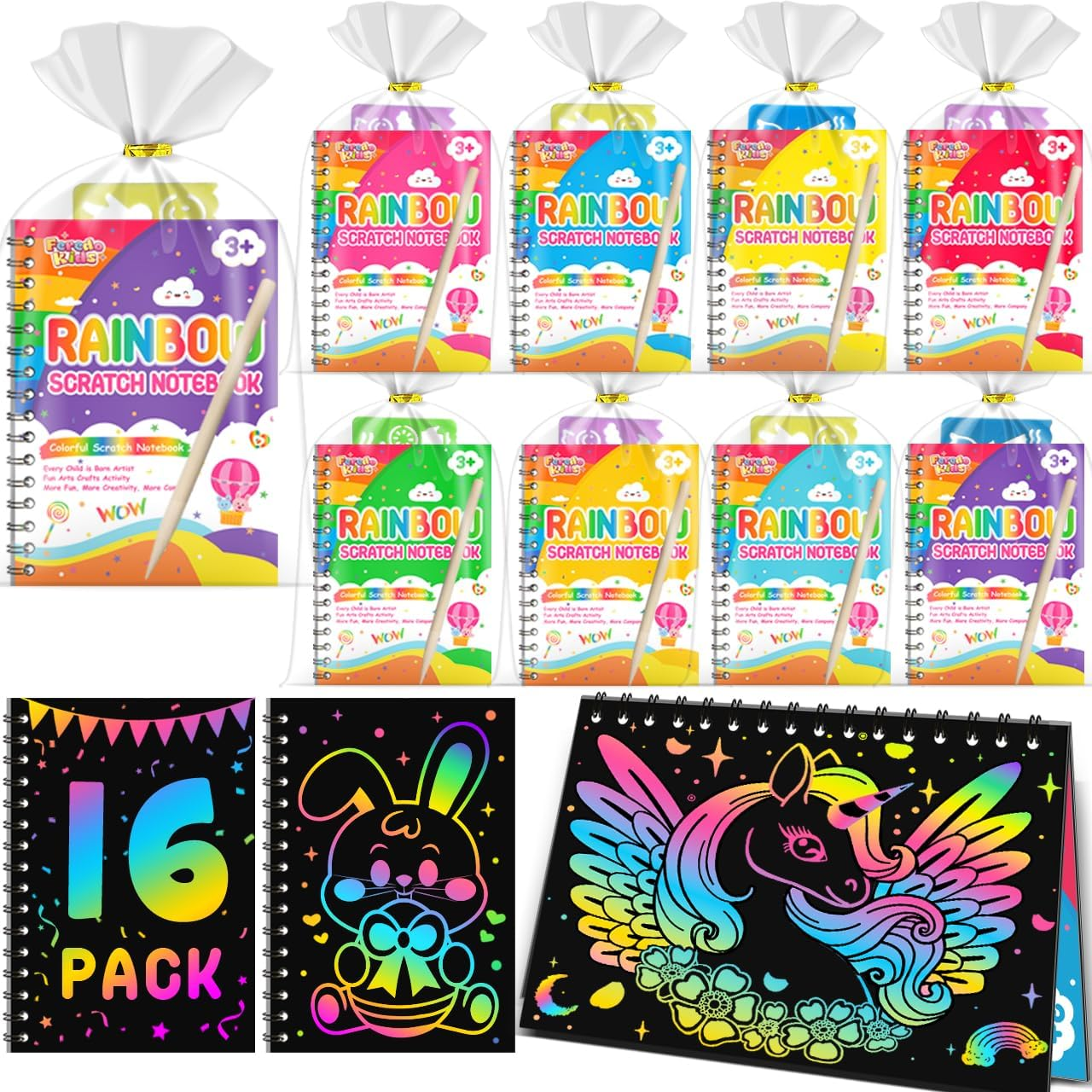 FEREDO KIDS 16 Pack Rainbow Scratch Notebook Art Party Favors for Kids
