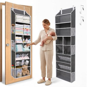 6-in-1 Over Door Hanging Organizer with 12 Mesh Pockets, 44 lbs Capacity, Deep Gray – Versatile Behind Door Storage for Baby Nursery, Newborn