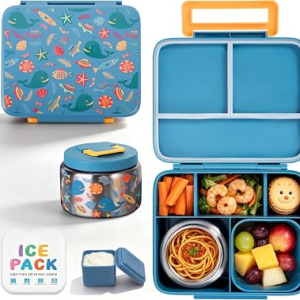 Kids Bento Lunch Box with 8oz Thermo, Ice Pack & Dividers for School | Food Container 5 Compartments,Insulated Food Jar,Keep Warm&Cold,Removable Dividers,Leak-Resistant,BPA-Free,Easy to Clean