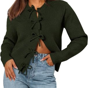 BTFBM Bow Cardigan for Women Long Sleeve Cropped Sweaters,Army Green,S