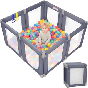 Foldable Baby Playpen, 47″×49″ Collapsible Play Pen for Babies Toddlers, 360° Vision Mesh Play Yard with Zipper Gate, Adjustable Shape Safety Baby Fence with Handles, Portable Indoor Outdoor, Grey | Portable, Adjustable Safety Play Yard, With Gate, For Babies & Toddlers, Indoor Outdoor Infant Activity Fence