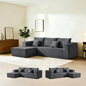 ModMood 106″ Dark Gray Corduroy Boneless Modular Sectional Sofa, Cloud-Louch Deep Seat Sofa with Left Chaise for Living Room & Bedroom（L-Shaped Right Hand Facing）