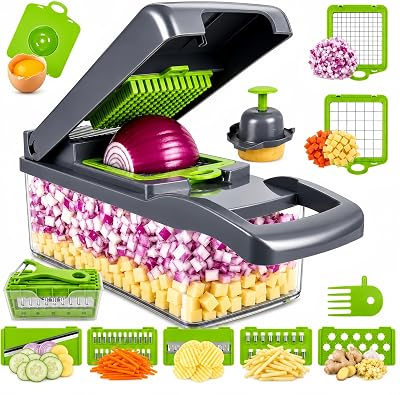 Vegetable Chopper, Onion Dicer & Mandoline Slicer with Container, Grey