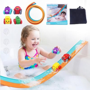 Resosese Race Car Bath Toys Set, 8-Piece Extra Long Flexible Bathtub Track Set with 4 Mini Cars, Suction Cups & Mesh Storage Bag, DIY Water Slide Toy Gift for Boys Girls Ages 3+