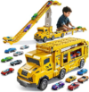 Transport Truck Toy with 12 Die-Cast Cars & Double Race Ramp Track for Kids