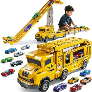 Transport Truck Toy with 12 Die-Cast Cars & Double Race Ramp Track for Kids