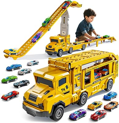 Transport Truck Toy with 12 Die-Cast Cars & Double Race Ramp Track for Kids