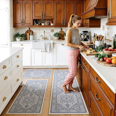 UKISS Boho Washable Kitchen Rugs Sets of 3, Non Slip Faux Wool Kitchen Mats for Floor, Thick Comfort Kitchen Floor Mat Carpet Runner Rugs for Hallway Laundry Indoor Entryway Holiday Decor