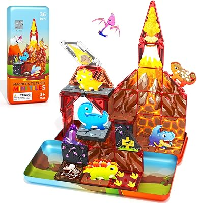 Minecftoy 36PCS Mini Magnetic Tiles Dinosaur Kids Toys with Case - Toddler Travel Essentials Outdoor Set, Magnetic Blocks Montessori Preschool Sensory Building Toys for 3 4 5 Year Old Boys