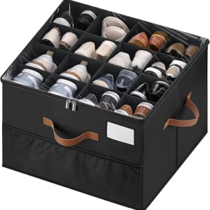 MSTONAL Shoe Organizer for Closet, 1 Pack Shoe Storage Container with Adjustable Dividers, Space Saving Shoe Box Storage Organizer Bin with Clear Lid and 4 Handles, Fits 8-16 Pairs, Pure Black