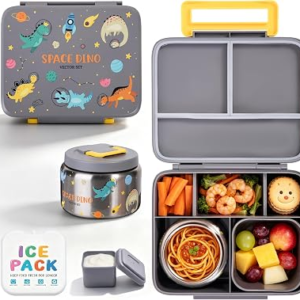 Kids Bento Lunch Box with 8oz Thermo, Ice Pack & Dividers for School | Food Container 5 Compartments,Insulated Food Jar,Keep Warm&Cold,Removable Dividers,Leak-Resistant,BPA-Free,Easy to Clean