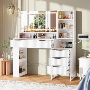 HAIOOU Fluted Vanity Desk with Mirror and Lights