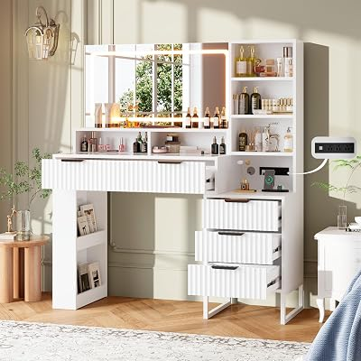 HAIOOU Fluted Vanity Desk with Mirror and Lights