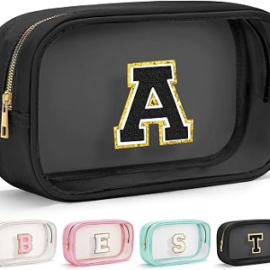 YOOLIFE Initial Makeup Bag Travel Toiletry Bag Clear Makeup Bag Cosmetic Bags Travel Essentials Gifts for Girls Teen Girlfriend Teacher Birthday Birthday Gifts for Kids Black Graduation Gifts A