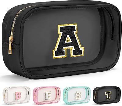 YOOLIFE Initial Makeup Bag Travel Toiletry Bag Clear Makeup Bag Cosmetic Bags Travel Essentials Gifts for Girls Teen Girlfriend Teacher Birthday Birthday Gifts for Kids Black Graduation Gifts A