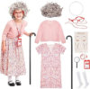 Skirfy Old Lady Costume for Kids, 100 Days of School Granny Outfit Kit with Wig, Cane and Other Dress Up Accessories