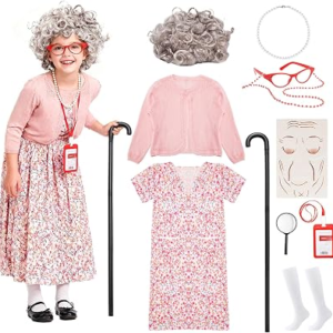 Skirfy Old Lady Costume for Kids, 100 Days of School Granny Outfit Kit with Wig, Cane and Other Dress Up Accessories