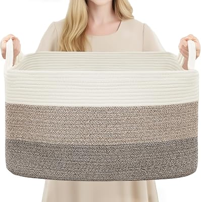 YOUDENOVA Large Blanket Basket, Rectangle Cotton Rope Storage Baske