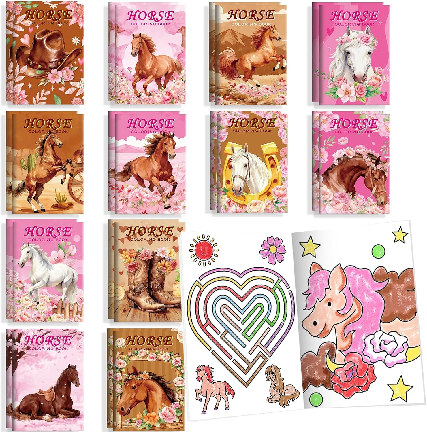 BenLouis 24 Pcs Floral Horse Mini Coloring Books for Kids Party Favors