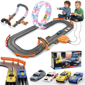 9.86ft 2-in-1 Slot Car Track Sets Toy – with 4 Cars, Battery or Electric Car Track Set with Dual Racing Game, Flash Circular Track, Lap Counter,Birthday Xmas Gifts Toys for Boys(S2-Raven)