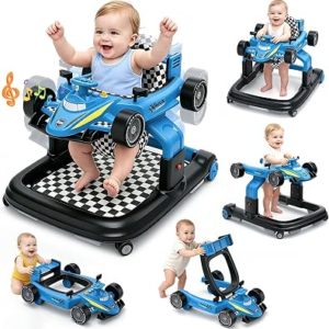 5-in-1 Baby Walker for Boys Girls 6-12 Months Toddler Activity Bouncer Blue | Baby Walker, Walkers for Baby Boys 6-18 Months, Bouncer Mode, 3 level Height/Music/Lights/Footrest, Baby Walker with Wheels