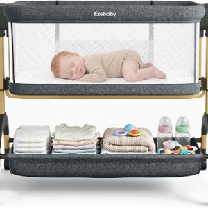 Ezebaby 3 in 1 Baby Bassinet Bedside Sleeper, Rocking Bassinet for Baby with Comfy Mattress & Breathable Full Mesh Sides, 7 Height Adjustable | Portable Crib for Newborns with Lockable Wheels
