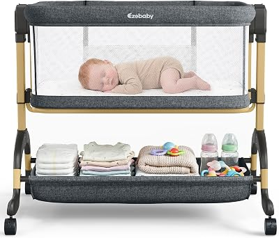 Ezebaby 3 in 1 Baby Bassinet Bedside Sleeper, Rocking Bassinet for Baby with Comfy Mattress & Breathable Full Mesh Sides, 7 Height Adjustable | Portable Crib for Newborns with Lockable Wheels