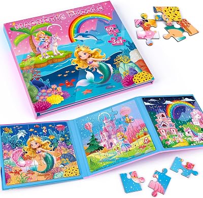 Mermaid Princess Unicorn Magnetic Puzzles for Toddlers 3-5 Girls, 3x20 Travel Puzzles for Toddlers 4-6 Montessori Preschool Learning Activities, Ideal Road Trip Activities Toys for 3 4 5 6 Girls