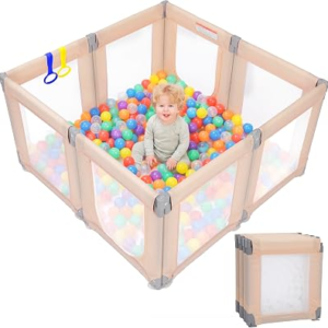 Kidirect Foldable Baby Playpen, 47″×49″, Khaki | Small Play Pen for Babies Toddlers, 360° Vision Mesh Play Yard with Zipper Gate, Adjustable Shape