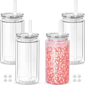 4 Pack 16oz Snow Globe Tumbler with Pre-Drilled Hole, Double Wall Plastic Clear Tumblers with Lid and Straw, Mason Jar Cups Can for Snow Globe Glitter Diy (Clear)