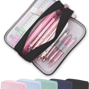 FAHZON Cute Pencil Case, 3 Large Compartments Pencil Pouch, Elastic Pen Slots&Mesh Pockets for Stationery, Pencil Bag for School Supplies with Zipper for Girls Boy Women Teens Adults-Black