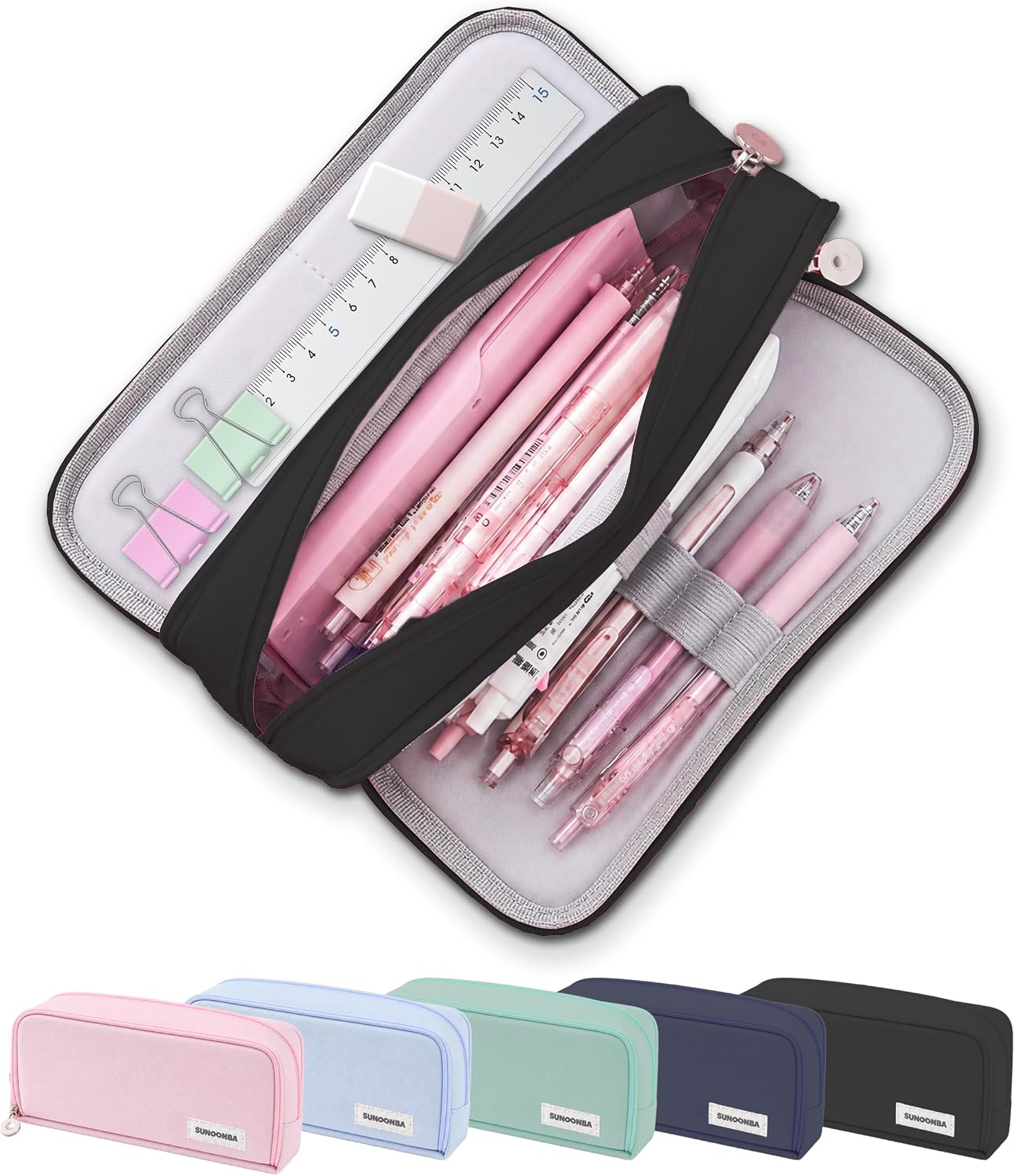 FAHZON Cute Pencil Case, 3 Large Compartments Pencil Pouch, Elastic Pen Slots&Mesh Pockets for Stationery, Pencil Bag for School Supplies with Zipper for Girls Boy Women Teens Adults-Black