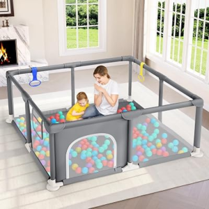 Dripex Baby Playpen, 47″x47″ Small Play Pen for Babies, Grey | Breathable Visible Mesh, Anti-Fall Design, Easy Setup, Indoor/Outdoor Use