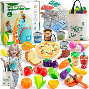 Pretend Play Food Sets for Kids Kitchen, Grocery Store Playset with Shopping Bags,Calculator, Toddlers Cutting Toy Food, Play Money, Sling Bag, Plastics Play Kitchen Accessories for Age 3+ Gift