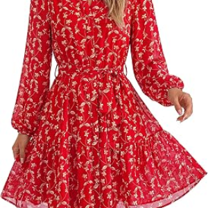 BTFBM Womens Dresses Fall Chiffon Floral V Neck Long Sleeve Mini Dress