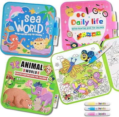 YECHISY Reusable Water Painting Books for Kids: 3 Pack Mess-Free Magic Water Coloring Books - Paint with Water Books, No Mess Coloring Travel Activity Toys for Toddlers Ages 3+