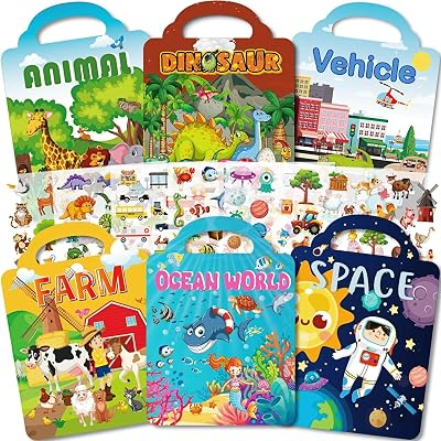 6 Set Reusable Sticker Books for Toddlers 1-3 2-4 Years,Travel Toys | 300+ Puffy Stickers | Road Trip & Airplane Essentials | Dinosaurs, Animals, Farms, Vehicles,Ocean,Space Theme Busy Book