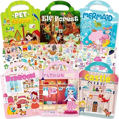 6 Reusable Puffy Sticker Books for Toddlers 1-3 2-4 Years Girls | 300+ Stickers | Travel Toys for Road Trip & Airplane Essentials | Princess,Mermaid,Fairies,Pet,Dress Up Theme Activity Books