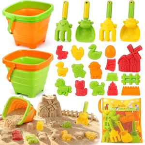Collapsible Beach Toy Set for Kids, 29 Pcs Farm Sand Toys with Animal Molds | Foldable Buckets, Shovels, Rakes & Mesh Bag | Beach Essentials Sand Castle Building Kit | Travel Beach Toys for Kids Ages 4-8